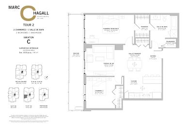 Floor Plan  A floor plan for Marc Hagall Apartments shows the layout of two bedrooms, two bathrooms, a living room, a kitchen, and a dining room.