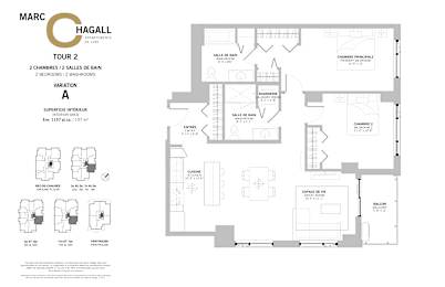 Floor Plan  A floor plan for Marc Hagall Apartments shows two bedrooms and two bathrooms in each apartment.