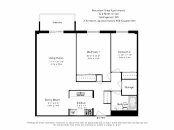 Floor Plan  A black and white drawing of a floor plan for a two bedroom apartment.