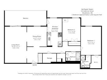 Floor Plan  Two bedroom, two bathroom apartment layout at Northgate Tower in Woodstock, ON