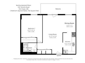 Floor Plan  One bedroom, one bathroom apartment layout at Northumberland Place in Port Hope, ON
