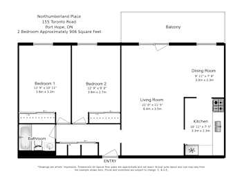 Floor Plan  Two bedroom, one bathroom apartment layout at Northumberland Place in Port Hope, ON