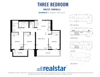 Three bedroom, two bathroom apartment layout at One225 Yorkmills Apartments in Toronto, ON