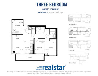 Three bedroom, two bathroom apartment layout at One225 Yorkmills Apartments in Toronto, ON