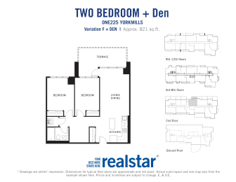 Two bedroom den, one bathroom apartment layout at One225 Yorkmills Apartments in Toronto, ON