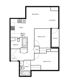 Floor plan of a 2 bed, 2 bath apartment at Novare in New Westminster, BC