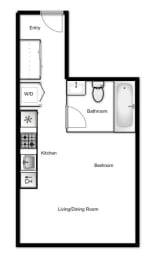 Floor plan of a studio apartment, 1 bath at Novare in New Westminster, BC