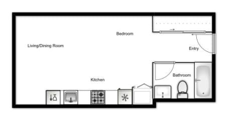 Floor plan of a studio apartment, 1 bath at Novare in New Westminster, BC