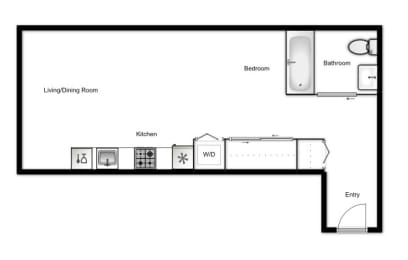 Floor plan of a studio apartment, 1 bath at Novare in New Westminster, BC