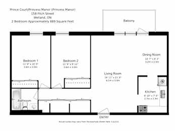 Floor Plan  A floor plan of a 2 bedroom apartment with dimensions and room locations.