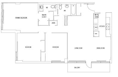 A floor plan of a house with a living room, dining room, kitchen, and three bedrooms.