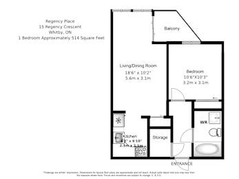 A floor plan of a one bedroom, one bathroom apartment in at Regency Place in Whitby, Ontario.