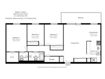 A black and white image of a floor plan for a three bedroom apartment.