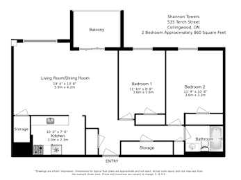 Floor Plan  Floor plan of a two bedroom, one bathroom, spacious luxury apartment at Shannon Towers in Collingwood, ON