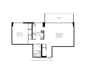 A floor plan of a one bedroom, one bathroom apartment at Somerset Place Apartments.