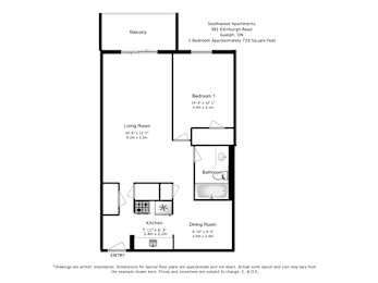 Floor Plan  A floorplan of a one bedroom, one bathroom apartment layout at Southwood Apartments in Guelph, ON.