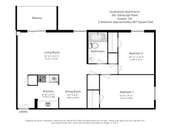 Floor Plan  A floorplan of a two bedroom, one bathroom apartment layout at Southwood Apartments in Guelph, ON