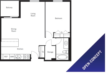 Squire Court Apartments 1 bedroom, 1 bathroom open-concept floor plan variation A in St. Catharines, ON