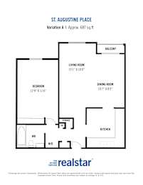 A floor plan for a home by realstar shows a bedroom, living room, dining room, kitchen, and balcony.