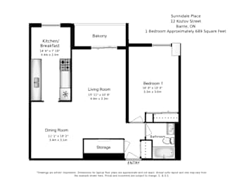 Floor Plan  A  one bedroom, one bathroom Apartment at Sunnidale Place in Barrie, ON.