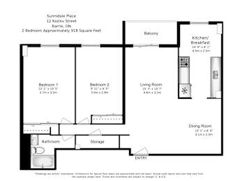 Floor Plan  A two bedroom, one bathroom apartment at Sunnidale Place in Barrie, ON.