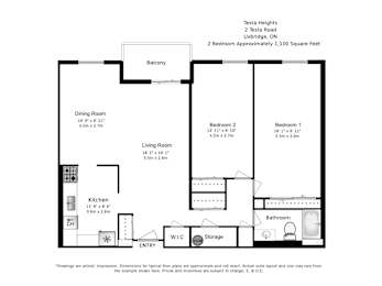 Floor Plan  A floor plan of a two bedroom, one bathroom apartment at Testa Heights in Uxbridge, ON.