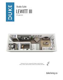 A floor plan of a 416 square foot Studio Suite named LEWITT III.