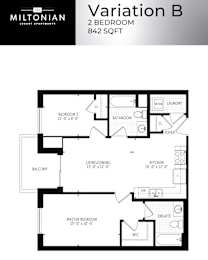 A floor plan for a 2 bedroom apartment sized 842 square feet.