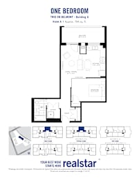 A floor plan for a one bedroom apartment with a realstar logo at the bottom.