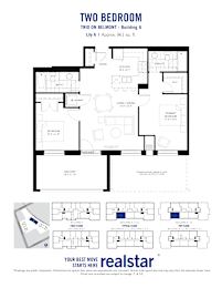 A floor plan for a two bedroom trio on Belmont building A.
