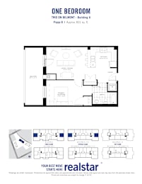 A floor plan for a one bedroom apartment is shown.
