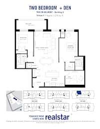 A floor plan for a two bedroom plus den apartment.