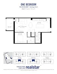 A floor plan for a one bedroom apartment is shown.