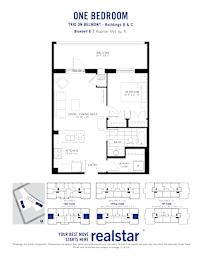 A floor plan for a one bedroom apartment is displayed.
