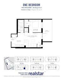 A black and white image of a one bedroom apartment layout.
