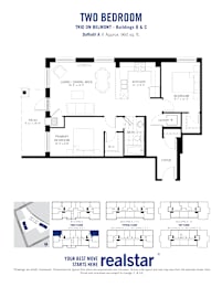 A black and white image of a two bedroom apartment layout.