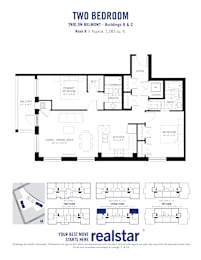 A black and white image of a two bedroom apartment floor plan.