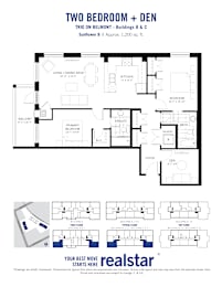 A floor plan for a two bedroom plus den apartment.