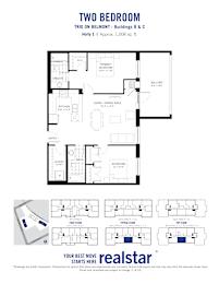 A floor plan for a two bedroom trio on Belmont - Buildings B & C.
