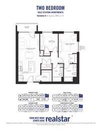 a floor plan of two bedroom villa withstrategic amenities