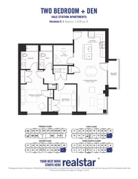a floor plan of two bedrooms and a den
