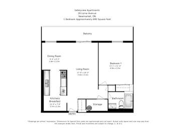 Floor Plan  A floor plan for a one bedroom, one bathroom apartment at Valleyview Apartments in Newmarket, ON.