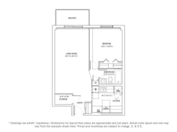 Floor Plan  Wellington Park Apartments one-bedroom apartment layout in St. Thomas, Ontario