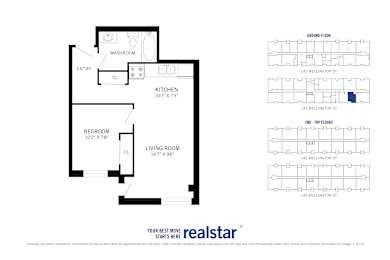 Floor Plan  A floor plan for a Realstar apartment is shown with the living room, kitchen, and bedroom dimensions.