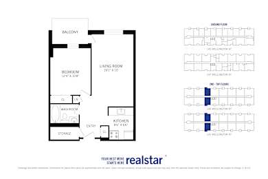 Floor Plan  A floor plan for a Realstar apartment is shown with a balcony, bedroom, living room, kitchen, and storage.
