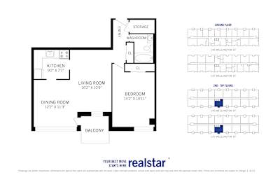 Floor Plan  A floor plan of a home with a balcony and a living room.