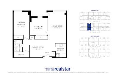 Floor Plan  A floor plan for a Realstar apartment shows a living room, two bedrooms, a dining room, a kitchen, and storage.