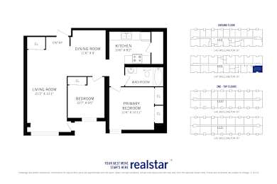 Floor Plan  A floor plan for a home with a living room, dining room, kitchen, and two bedrooms.