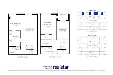 Floor Plan  A floor plan for a Realstar apartment is shown with a kitchen, living room, dining room, and bathroom on the lower level.