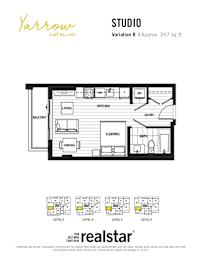 A floor plan for a studio apartment with a balcony and a kitchenette.